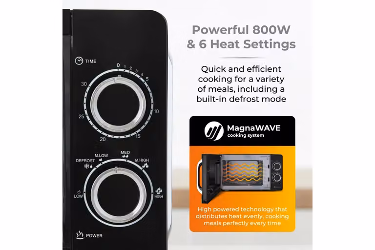 Tower Manual Solo Microwave with Sleek Mirror Glass Door, 800W, 20L, White and Black with Chrome Details
