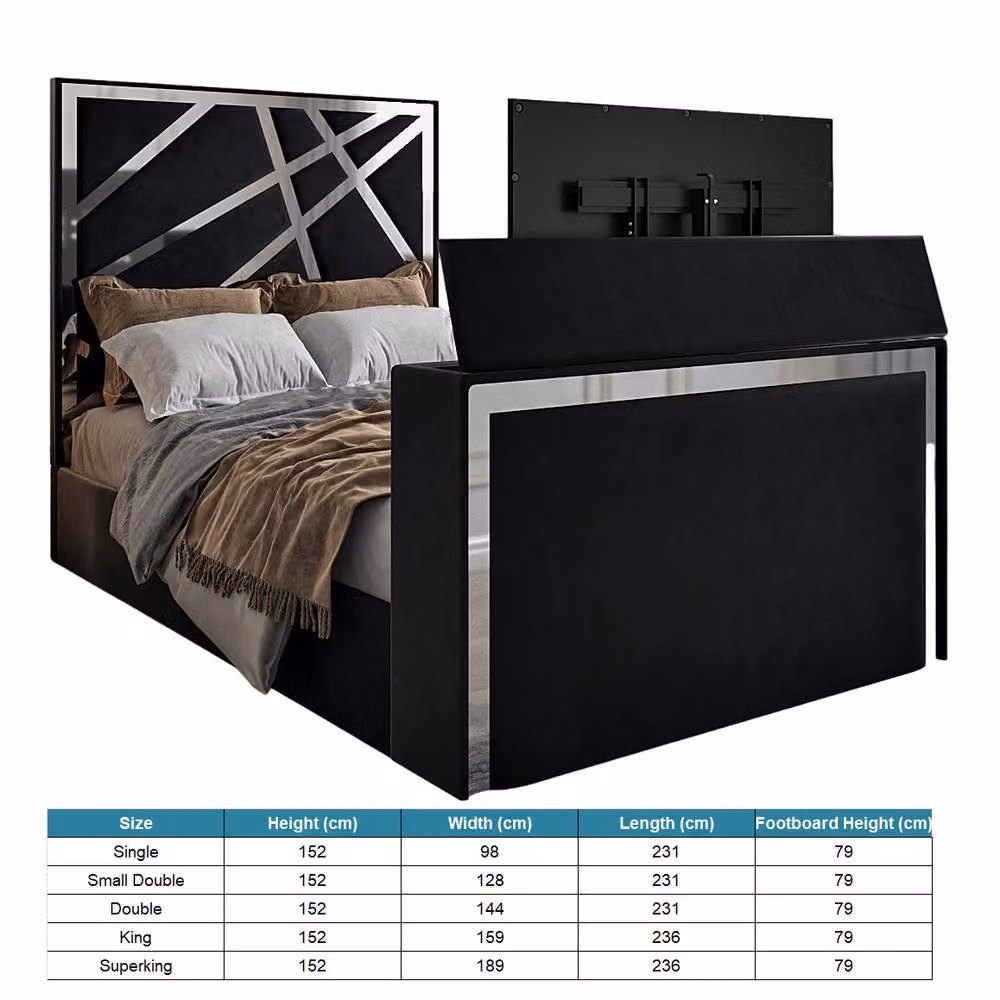 KDMD Ashton Upholstered Soft Velvet TV Bed Frame in Black, Small Double, W/D/H: 120 x 200 x 152 cm – 6