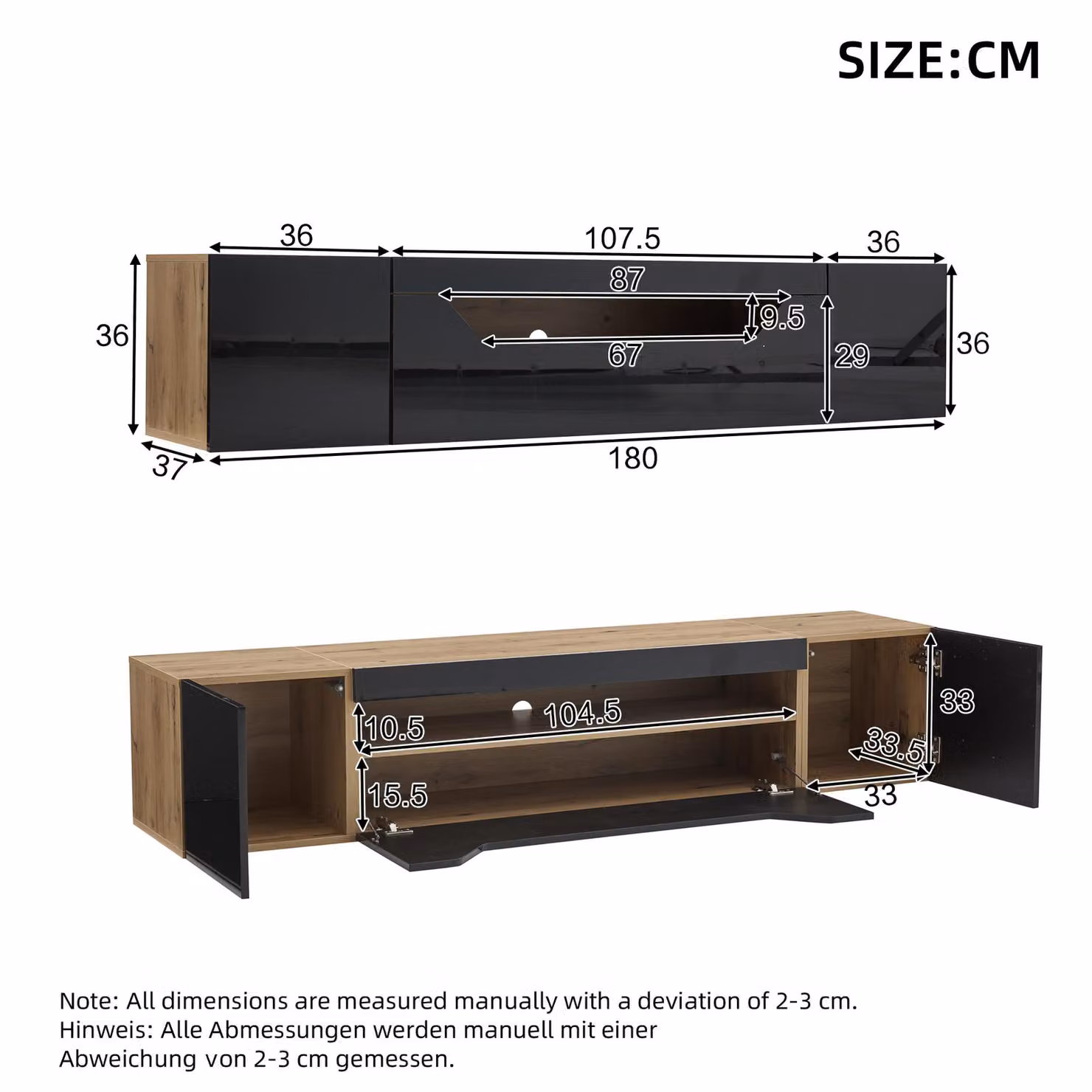 Aosom UK Black Floating TV Stand with App-Controlled LED Strip and Pull-Down Door, W: 180 cm, D: 37 cm, H: 36 cm – 3