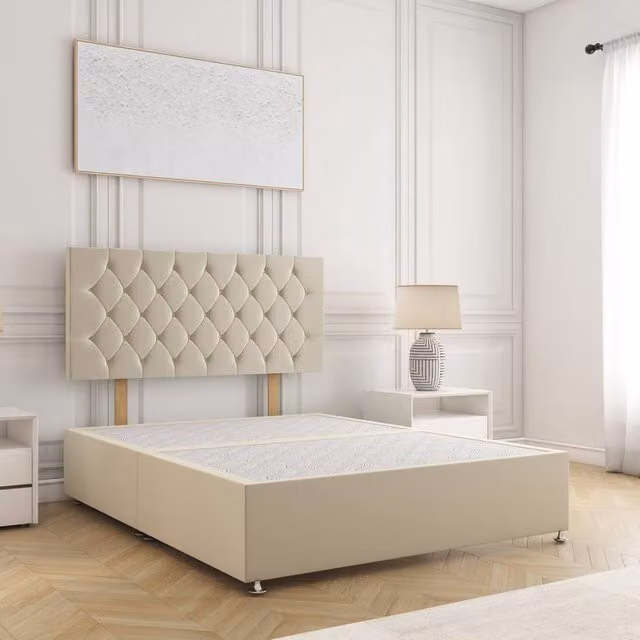 BSSPOKE Mia Divan Bed with 24 inch Headboard in Beige Plush Velvet, Double, W/D/H: 140 x 200 cm