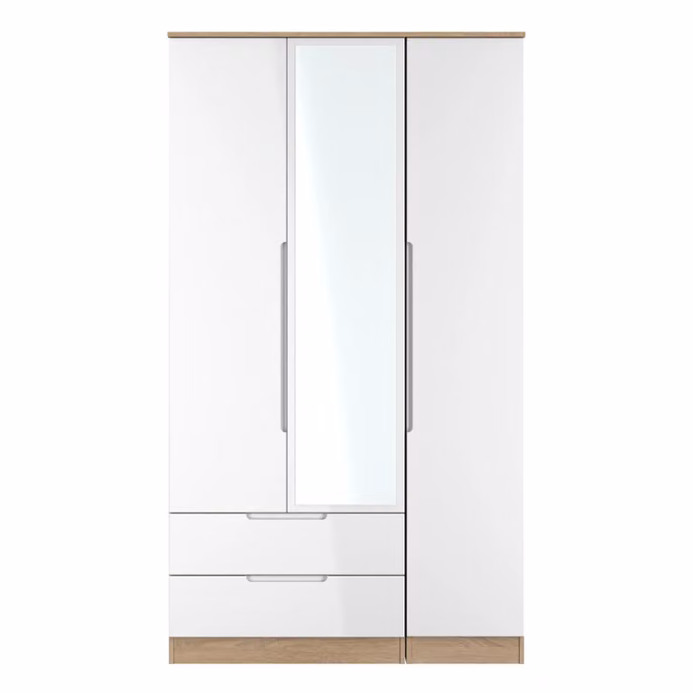 2 U Lucca Ready Assembled Tall Wardrobe with 2 Drawers and Triple Mirror in Light Oak