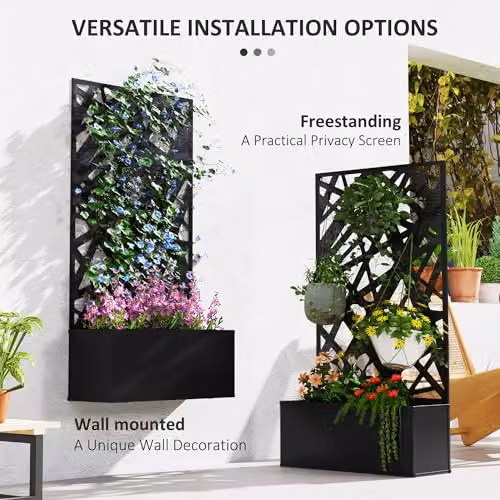 Outsunny Metal Raised Garden Bed with Trellis and Privacy Screen in Black – 4