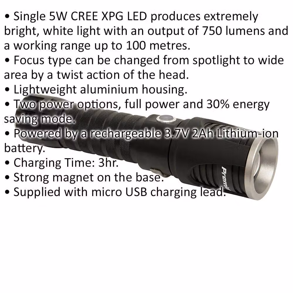 Loops Aluminium Rechargeable LED Torch with 5W Output and Adjustable Focus in Black or Multicolour – 2