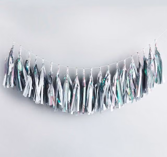 Club Green Iridescent Tassel Party Garland in Green, Silver and Multicolour, 2m