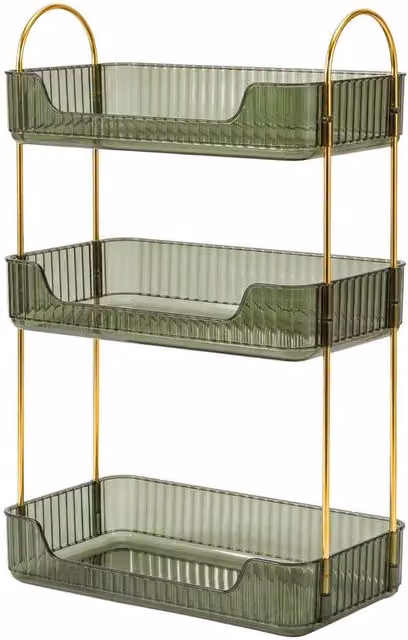 KORVIXA Modern Minimalist 3-Tier Makeup Organiser in Green and Gold Metal, W: 48.0 cm, D: 30.0 cm