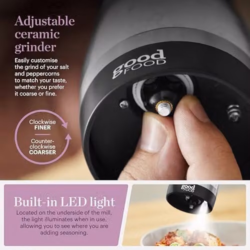 Tower Good Food in Partnership Duo Salt and Pepper Mill, Rechargeable with Adjustable Ceramic Grinders, Black and Silver, GF847069 – 3