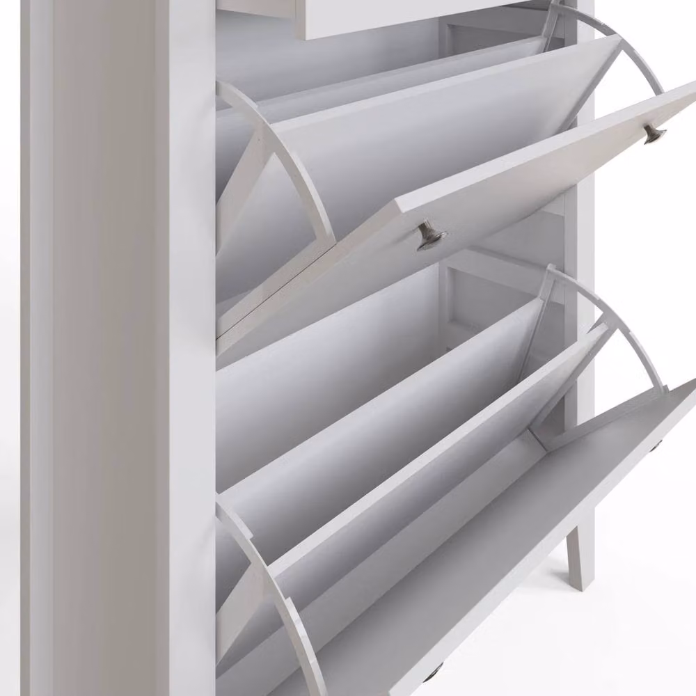 FORGEVIO Modern 2-Tier White Hallway Shoe Storage Cabinet with Tilting Compartments and Drawer, H: 108 cm, W: 80 cm, D: 24 cm – 2