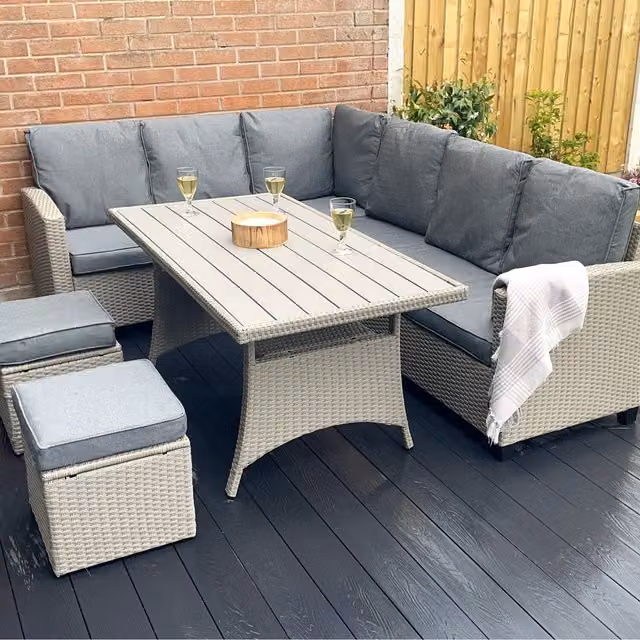 Madefor.living York 8 Seater Rattan Corner Dining Set with Rectangular Table in Grey