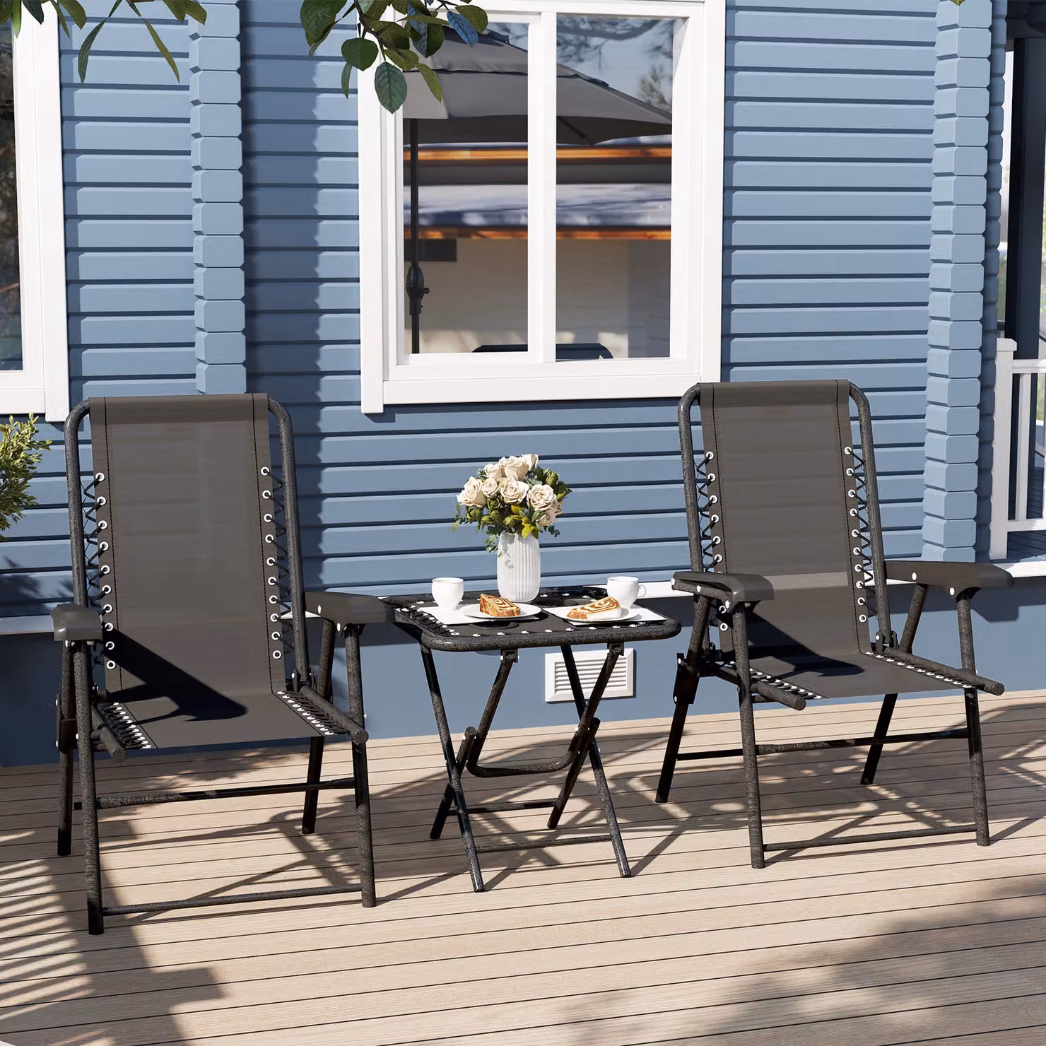 Outsunny Three-Piece Modern Garden Table and Chair Set in Black Matt Powder Coated Steel – 8