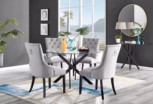 FurnitureboxUK Novara Round Glass Dining Table with 4 Belgravia Velvet Chairs in Black and Grey, Diameter: 120 cm