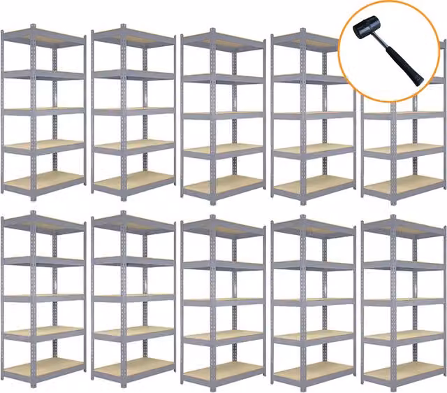 Set of 10 Q-Rax Grey Metal and MDF Freestanding Racking Units with Adjustable Shelves, W/D/H: 90 x 50 x 182.5 cm