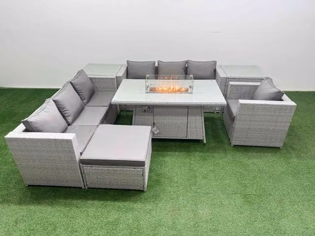 Fimous 8 Seat Rattan Garden Furniture Set with Firepit Table in Light Grey