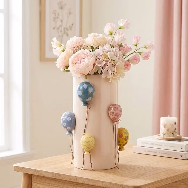 Garden Greatness Floral Balloons Ceramic Statement Vase in Pink and Multicolour, H 26 cm x W 18 cm x D 18 cm