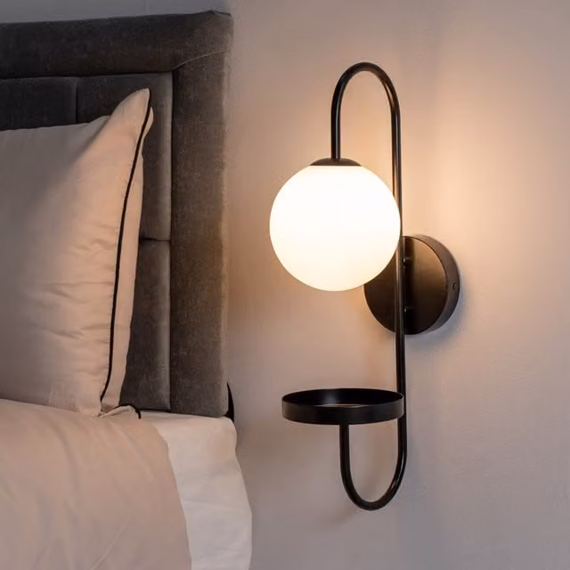 ValueLights Milo Glass Globe Shade Curved Wall Light with Shelf and LED Bulb in Matte Black or Gold/Brass