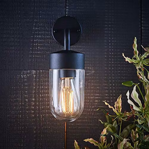 Loops IP44 Outdoor Wall Light, Black Stainless Steel and Transparent Glass Maritime Lantern, Dimmable – 5