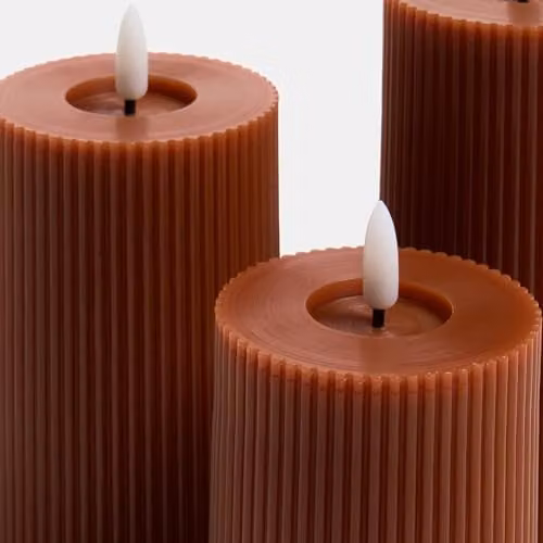 OHS Set of 3 Ribbed Flameless LED Pillar Candles with Flickering Effect in Rust Orange – 5