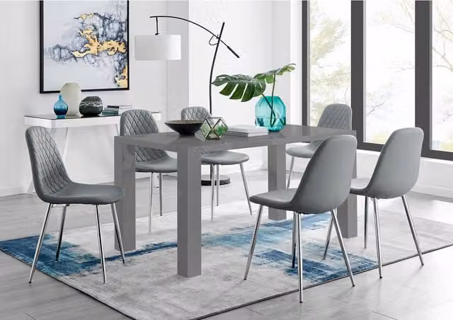 FurnitureboxUK Pivero Grey High Gloss Rectangular Dining Table and 6 Corona Silver Chairs