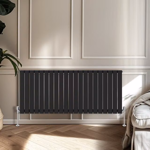 Right Radiators Single Panel Flat Panel Horizontal Radiator in Black, H: 60 cm, W: 142.8 cm