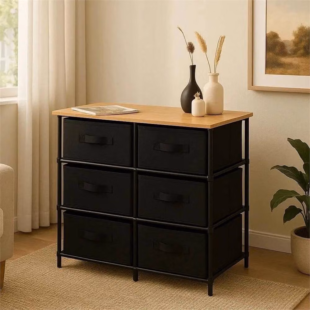 Nordara Black Fabric Drawer Chest with Wooden Top Storage Unit – 4