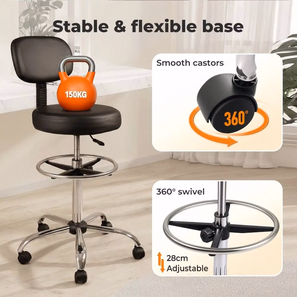 VOGREX Adjustable Swivel Drafting Stool with Footrest and Backrest in Black – 5