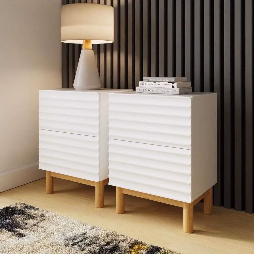 FORGEVIO Pair of White Ribbed 2 Drawer Bedside Tables – 3
