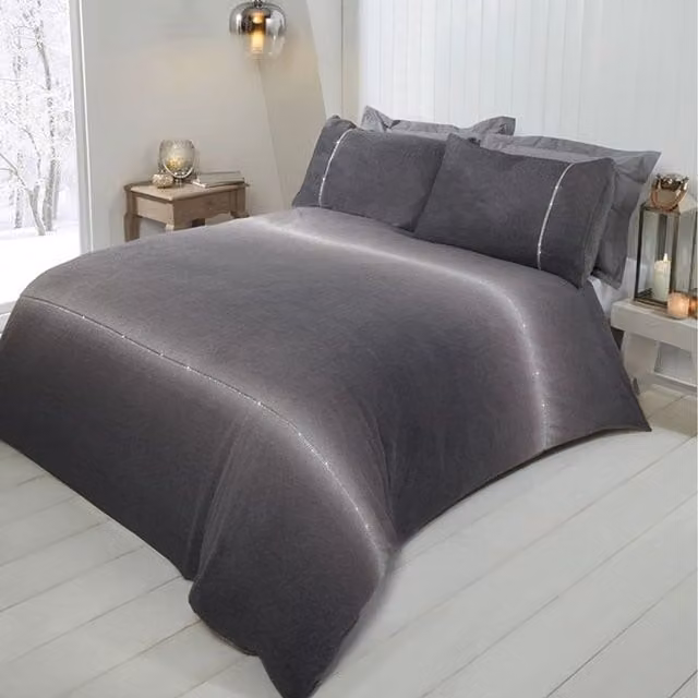 Rapport Home Diamante Teddy Fleece Polyester Duvet Set and Pillowcase, Grey, Single, W: 90 cm, H: 200 cm