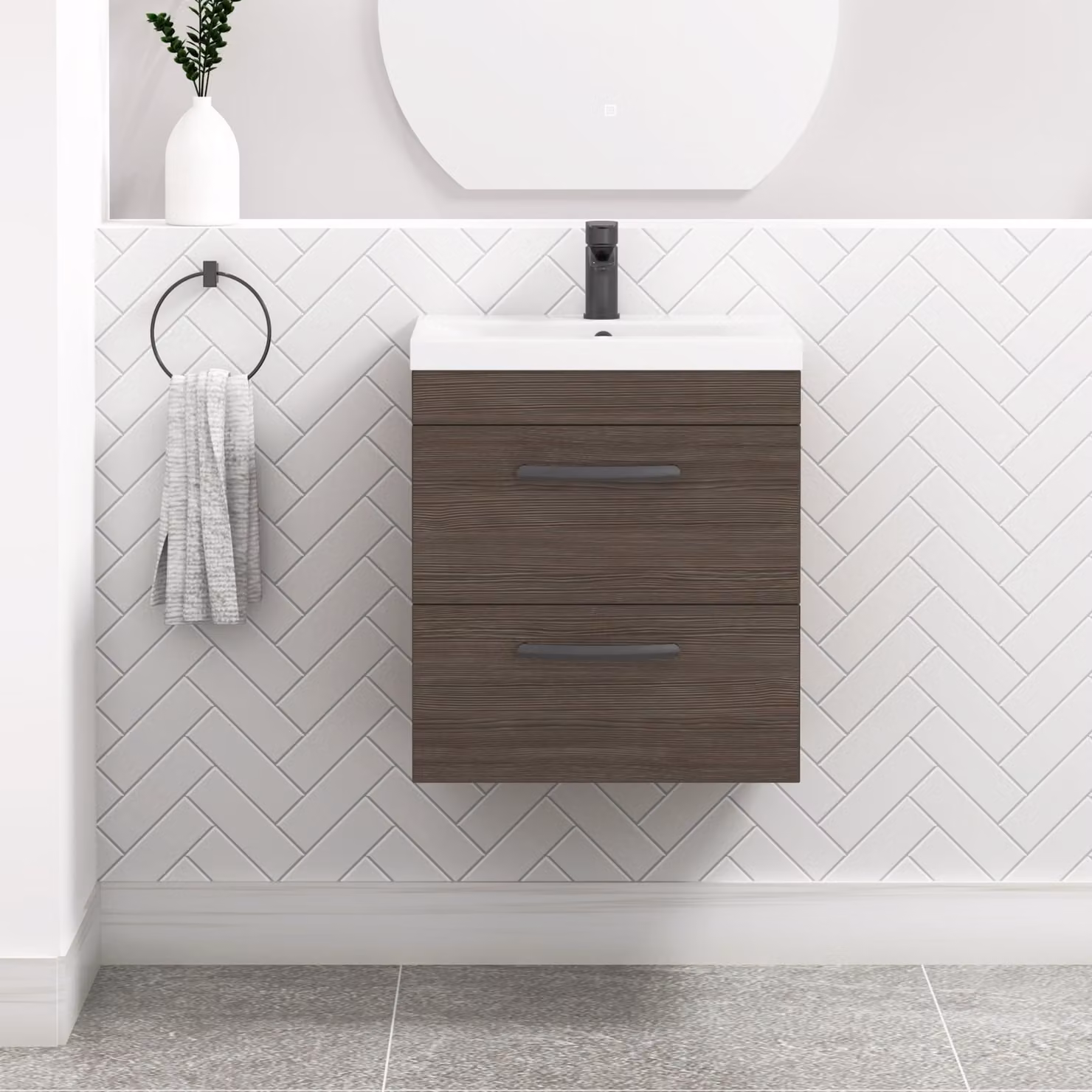 Royal Bathrooms Turin Wall Hung Vanity Unit in Grey Elm with 2 Drawers and Matt Black Handles, Width: 50 cm