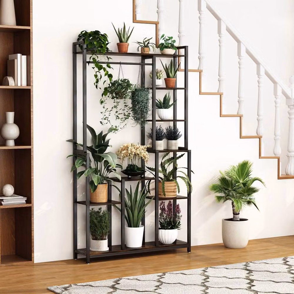 SPETLEK Tall Indoor Plant Stand, Black Metal and Wood Industrial Plant Shelf – 2
