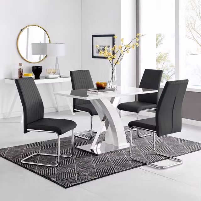 FurnitureboxUK Atlanta White High Gloss Rectangular Dining Table with X-Frame Legs and 4 Black Lorenzo Dining Chairs Set – 1