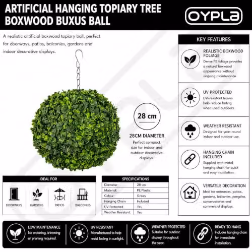 Oypla Artificial Hanging Topiary Buxus Ball Tree in Green, Diameter: 28 cm – 5