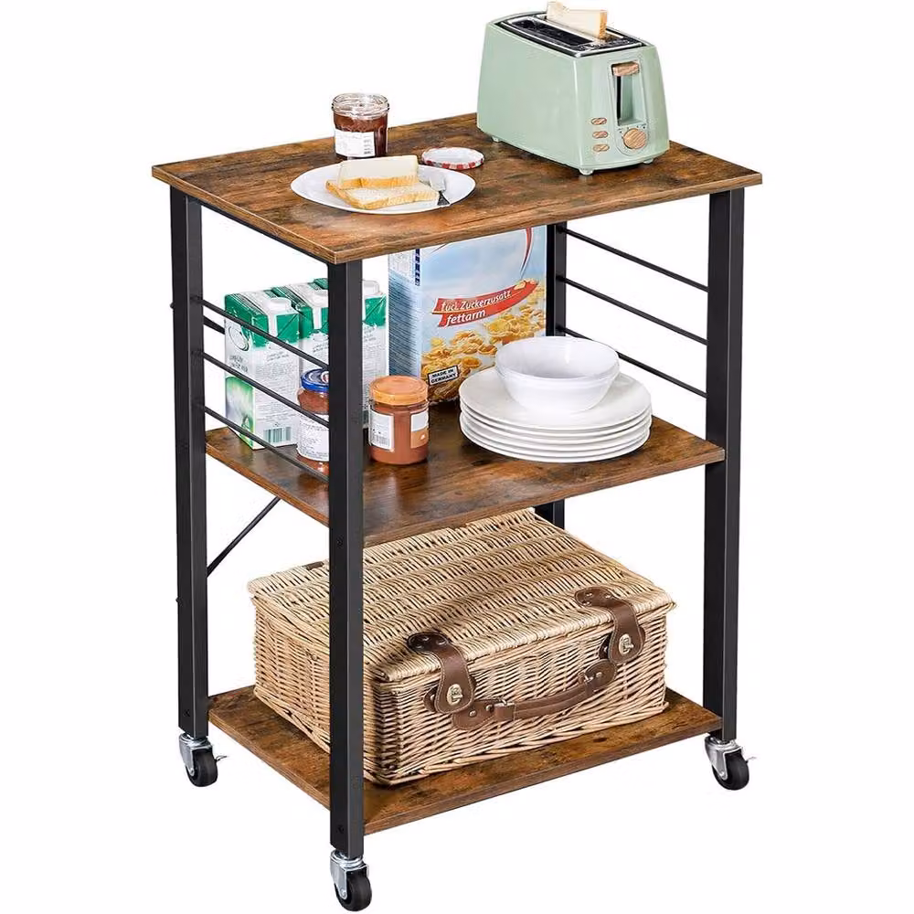 The Bazaarist 3 Tier Rolling Kitchen Cart with 6 Hooks in Brown and Black – 2
