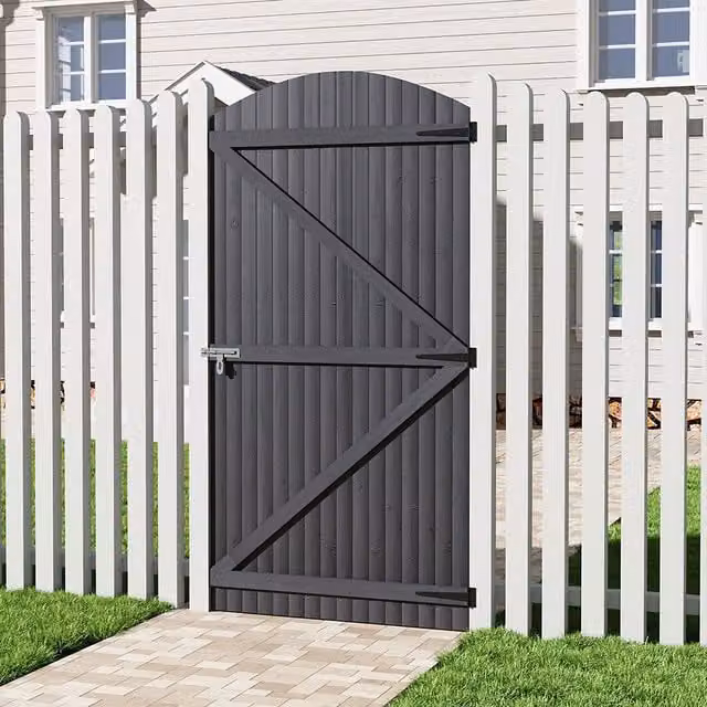 Livingandhome Arch Top Wooden Garden Gate in Grey, W: 105 cm, H: 210 cm