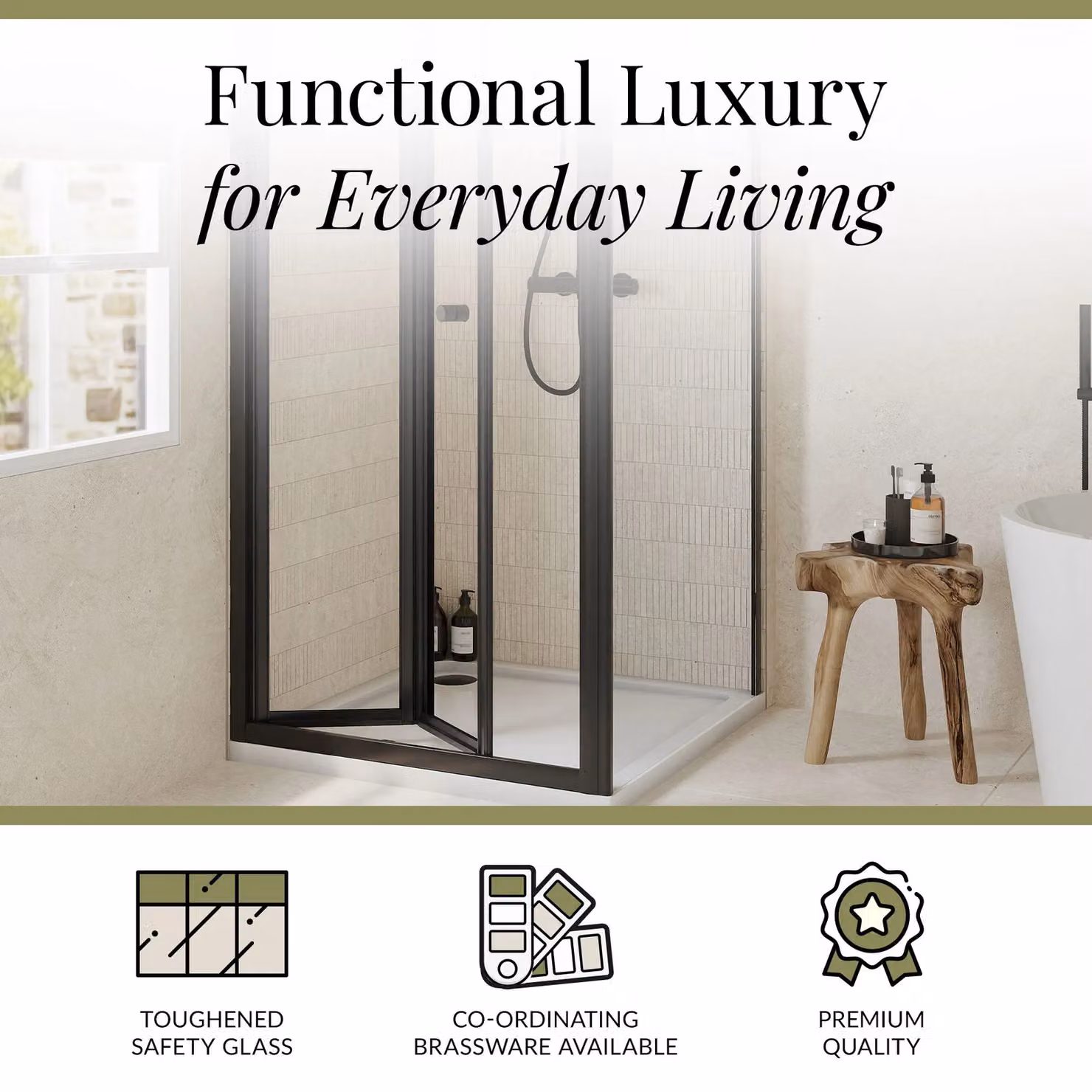 Balterley Ruwa Square Corner Shower Enclosure with Bi-Fold Door, Side Panel and Tray, Black, W/D: 900 x 900 mm, 4mm Glass – 3