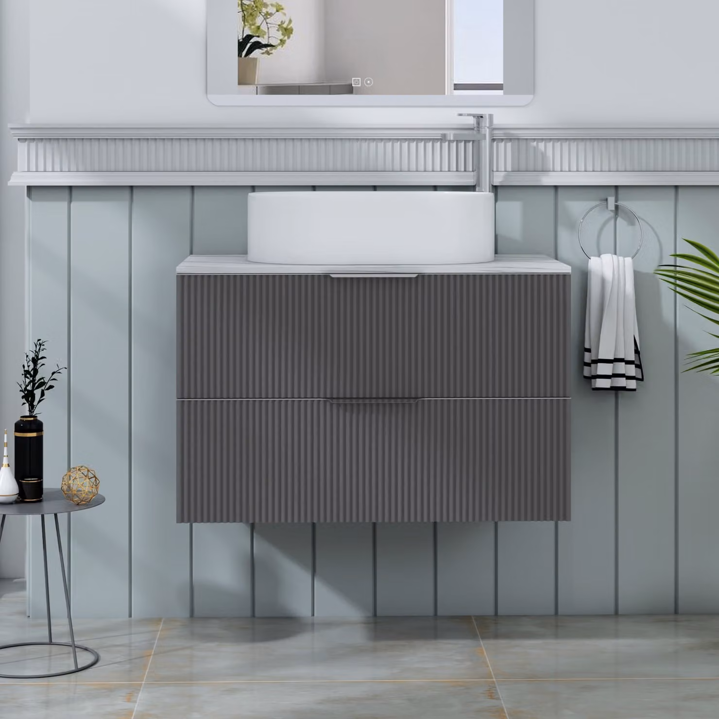 Royal Bathrooms Evora 800mm Graphite Grey Fluted Wall Hung Vanity Unit with 2 Drawers and Peak Basin