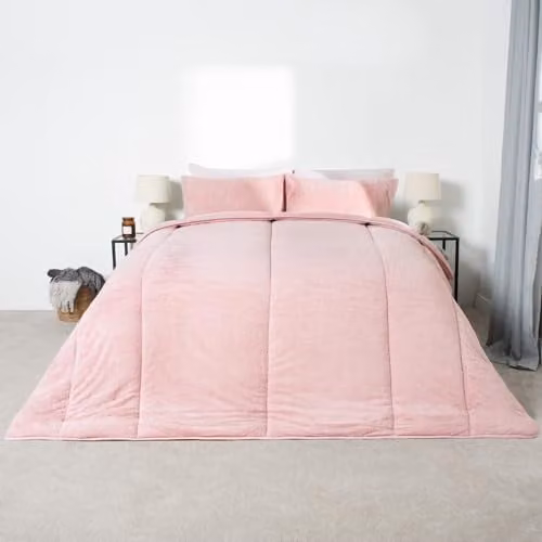 OHS Pink Teddy Fleece Coverless Duvet and Pillowcase Set, 10.5 Tog, W/D/H: 135 x 200 cm