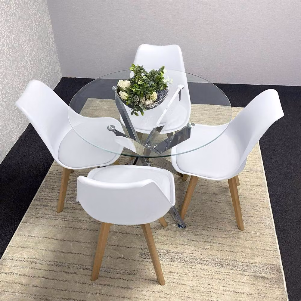 KOSY KOALA Modern Round Glass Dining Table with 4 White Plastic Chairs – 3