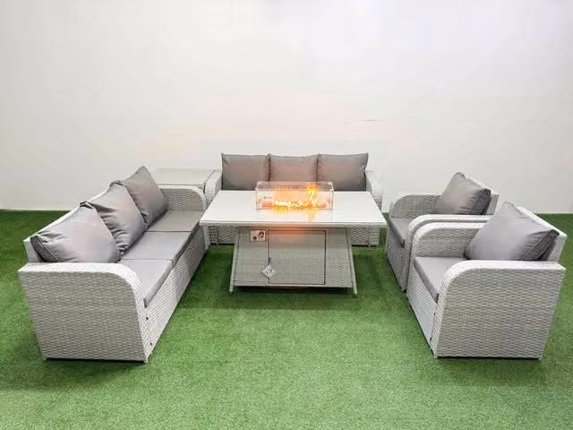 Fimous PE Rattan High Back Lounge Sofa Set with 3 Seater Sofa, Reclining Chair, Side Table and Firepit Dining Table in Light Grey