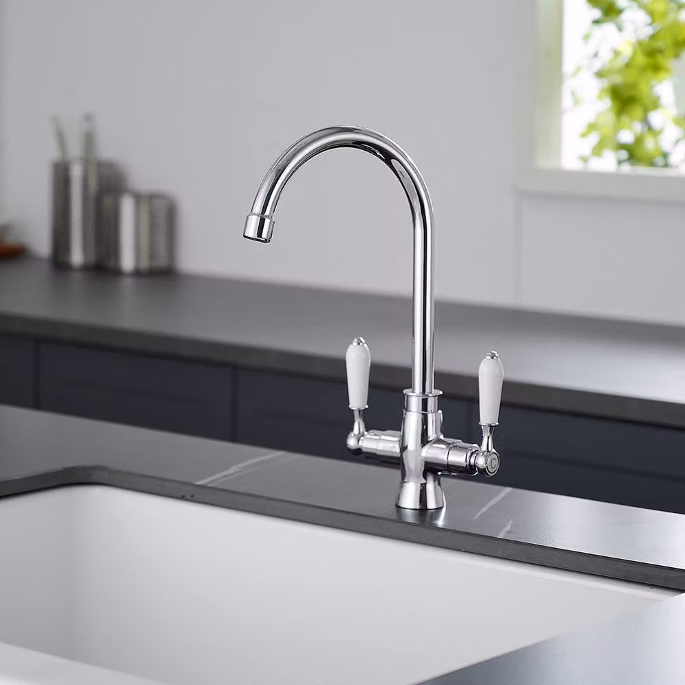 Heable Elegant Dual Lever Monobloc Kitchen Sink Mixer Tap with Swivel Spout in Chrome Silver – 2