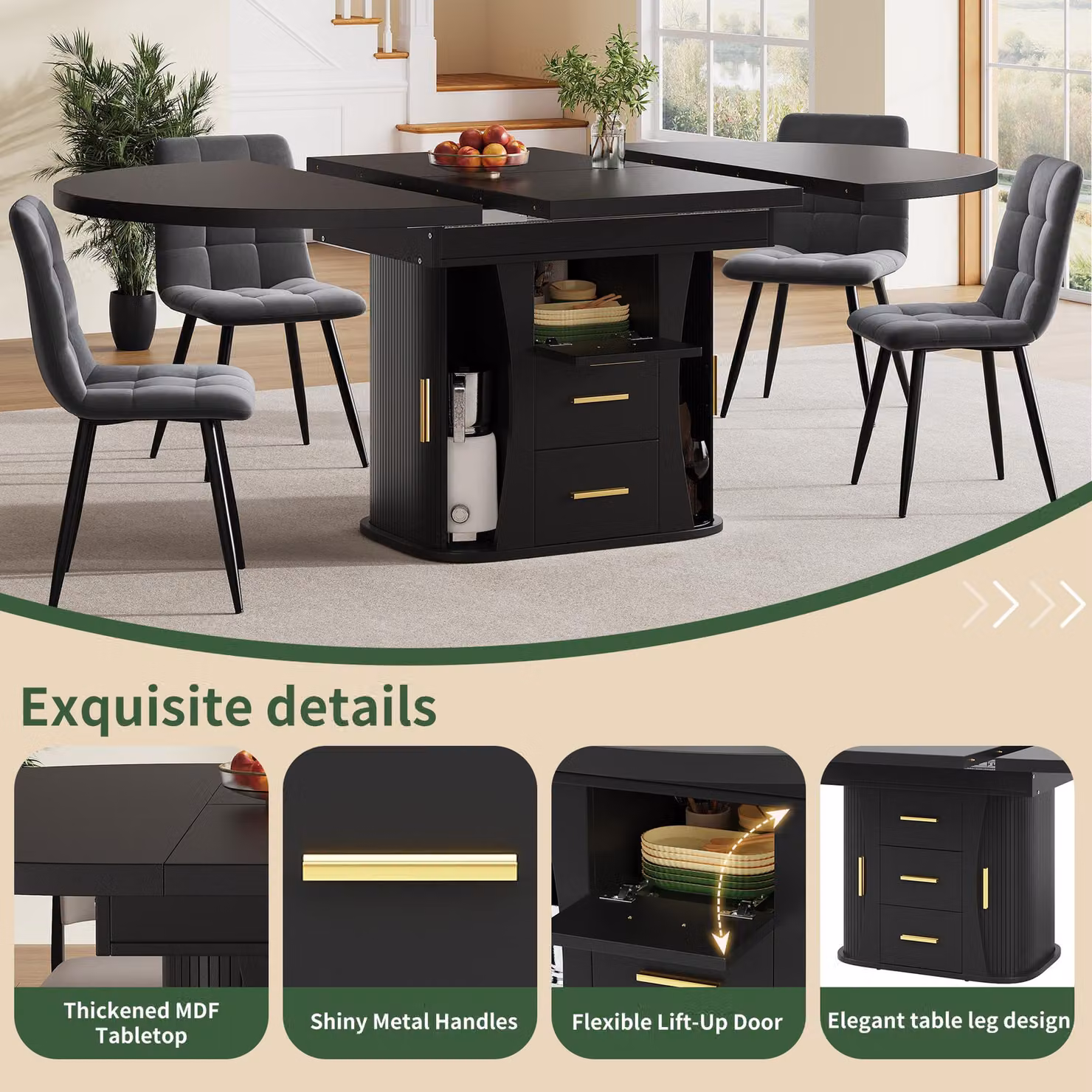 Aosom UK Black Extendable Round Dining Table with 3-Tier Hidden Storage for 6 People, W/D/H: 118 x 118 x 77 cm to 158 x 118 x 77 cm – 4