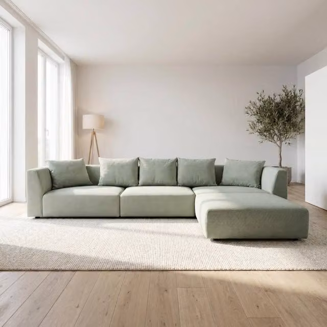 Abakus Direct Tokyo Large L-Shape Corner Sofa in Green or Beige Basket Weave Fabric with Natural Bamboo Frame – 1