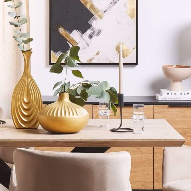 Wyld and Coco Gold Ceramic Striped Round Tabletop Vase, Height: 20 cm