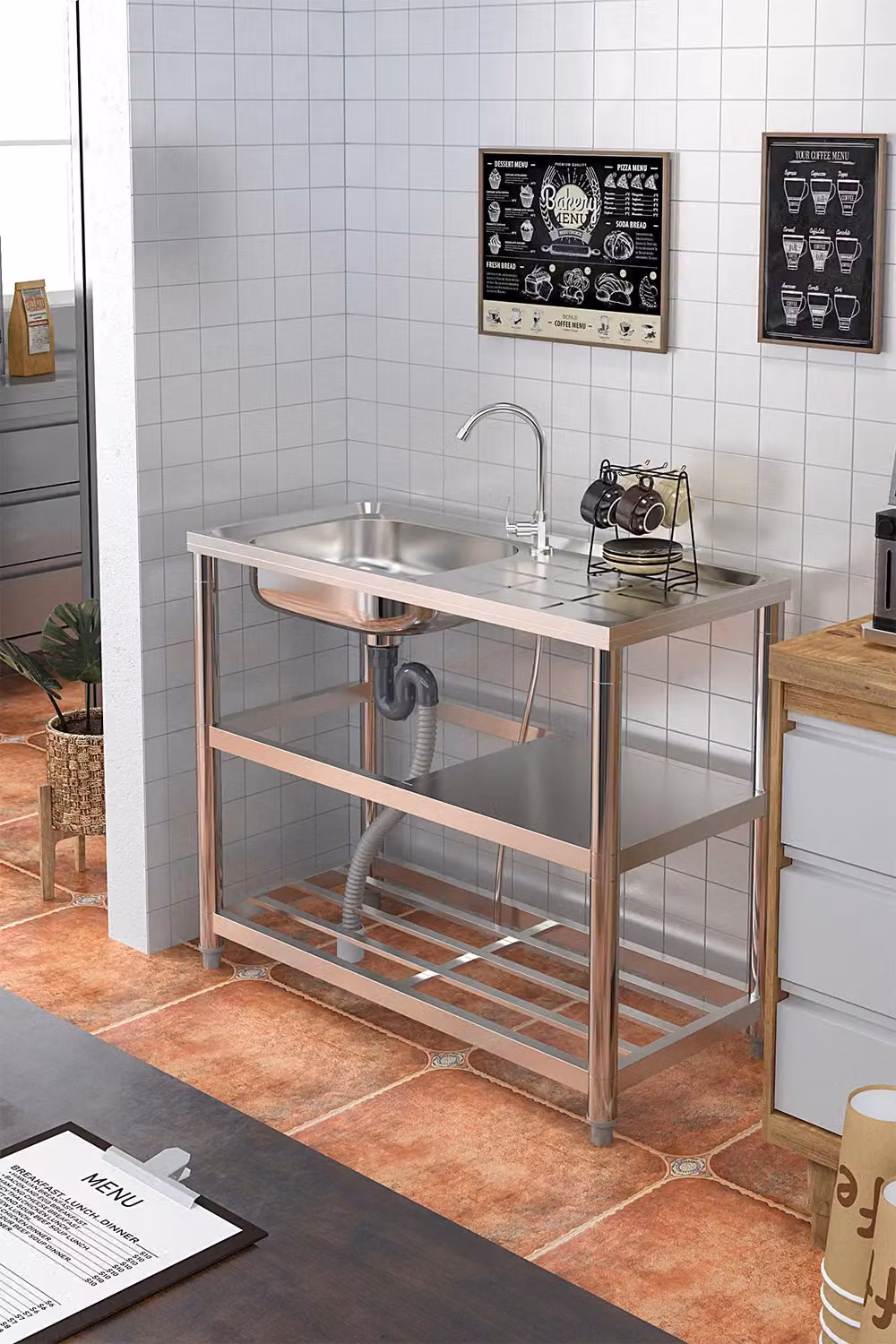 Living and Home One Compartment Stainless Steel Kitchen Sink with Shelves and Drainboard in Silver – 2