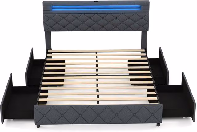 COSTWAY Modern Upholstered Bed Frame with Drawers, USB Charging Port and Under-Bed Lighting in Grey Fabric