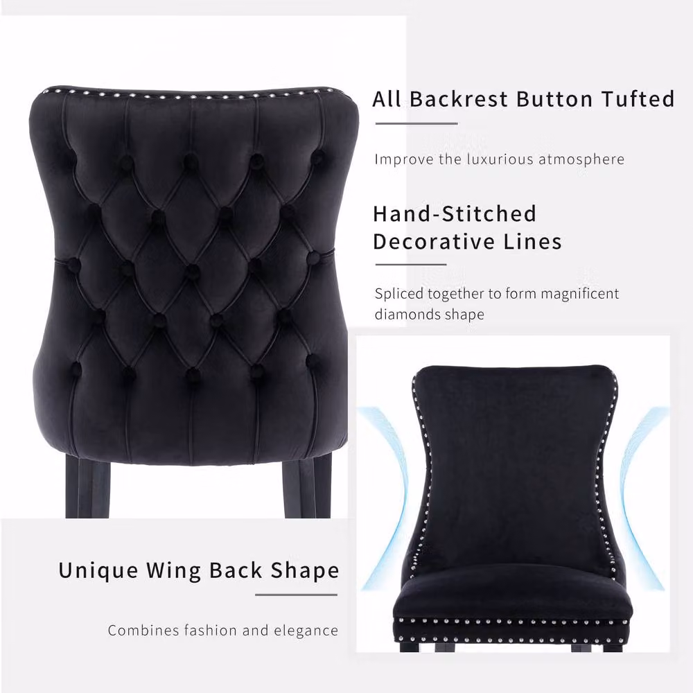 Modern Home Touch Sierra Lux Set of 4 Black Velvet Tufted Wing Back Dining Chairs with Oak Wood Legs – 5