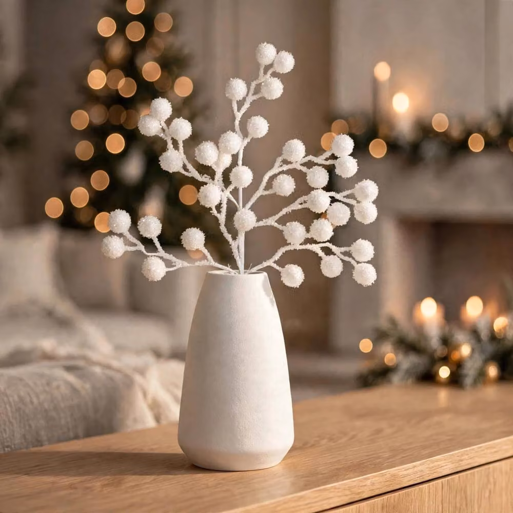 Shatchi 18 Pack White Glitter Berry Picks for Christmas and Winter Decor, Height: 45 cm – 2