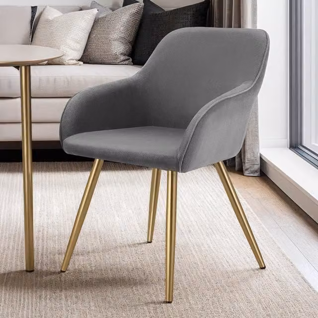 Tectake Scandinavian Dining Chair Set of 2 in Grey Bouclé Fabric with Gold Metal Accents, Height: 82 cm