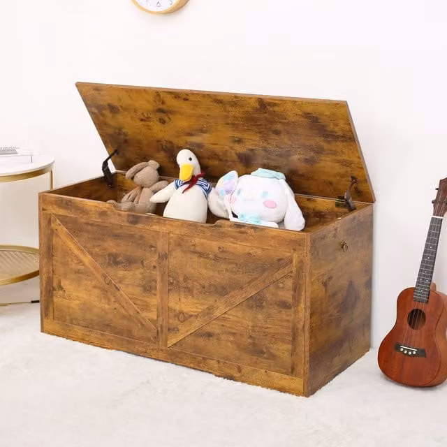 Xample Childrens Wooden Toy Box Storage Bench with Soft Close Lid in Brown
