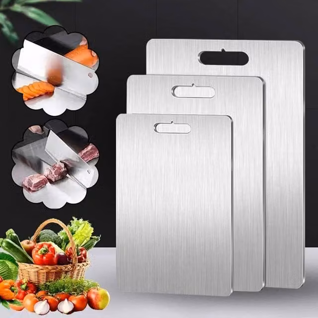 PAWNORA Set of 3 Reversible Rectangular Double-Sided Stainless Steel and Plastic Chopping Boards in Silver – 1