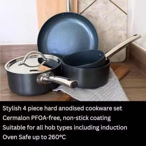 Cermalon 4 Piece Hard Anodised Non Stick Cookware Starter Set in Grey, including Frying Pan and Saucepan with Lids, Induction and All Hob Compatible – 3