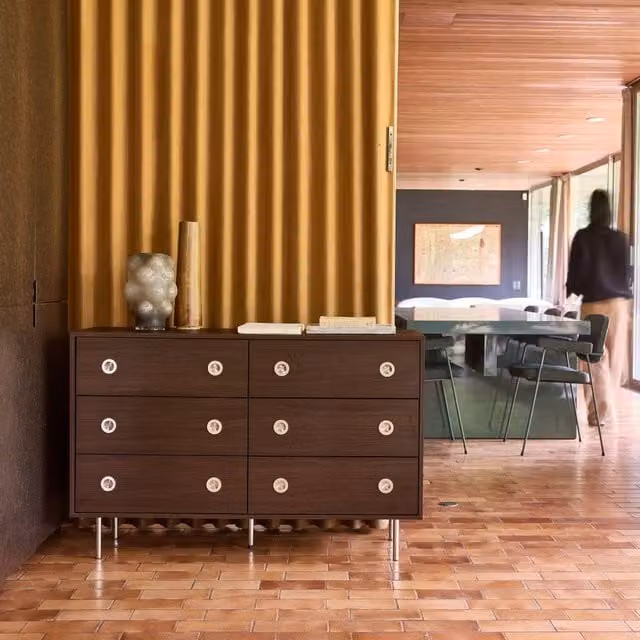 sweeek Vintage 6-Drawer Dresser with Wood Decor and Stainless Steel in Dark Brown, W/D/H: 120 x 40 x 78 cm